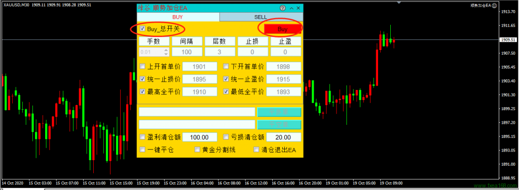 mt4顺势加仓EA开第一单说明